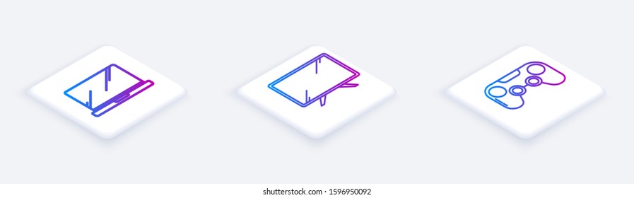 Set Isometric line Laptop , Smart Tv and Gamepad . White square button. Vector Set Isometric line Laptop , Smart Tv and Gamepad . White square button. Vector