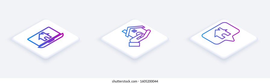Set Isometric line Laptop and smart home, Realtor and Map pointer with house. White square button. Vector