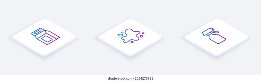 Set Isometric line Laundry detergent, Water spill and spray bottle. White square button. Vector