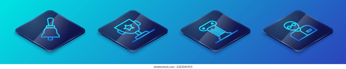 Set Isometric line Law pillar, Ringing bell, Teacher and Award cup icon. Vector