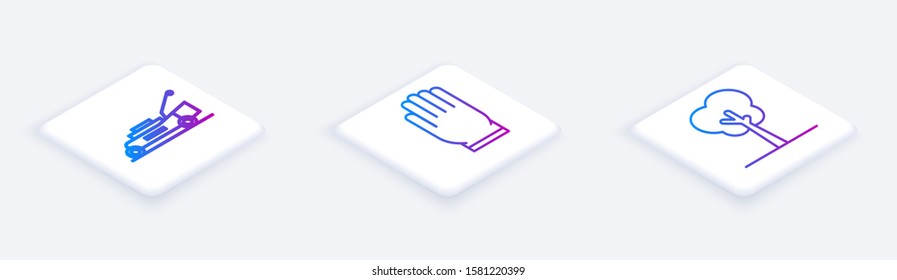 Set Isometric line Lawn mower, Garden gloves and Tree. White square button. Vector