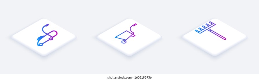 Set Isometric line Lawn mower, Wheelbarrow and Garden rake. White square button. Vector