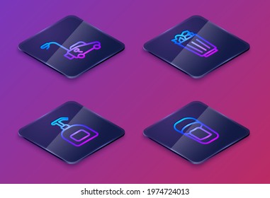 Set Isometric line Lawn mower, Bottle of liquid soap, Full trash can and Bucket with rag. Blue square button. Vector