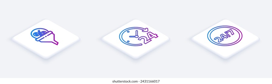 Establecer la gestión de plomo de línea isométrica, reloj 24 horas y reloj 24 horas. Botón cuadrado blanco. Vector