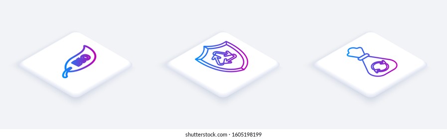 Set Isometric line Leaf Bio symbol, Recycle symbol inside shield and Garbage bag with recycle. White square button. Vector