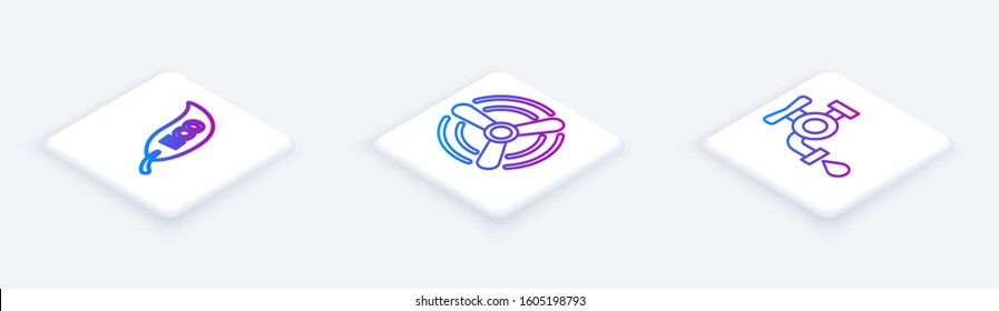Set Isometric line Leaf Eco symbol, Wind turbine and Water tap. White square button. Vector