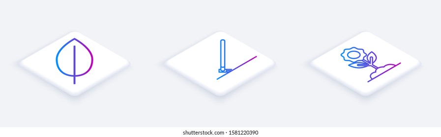 Set Isometric line Leaf, Garden rake in work and Flower. White square button. Vector