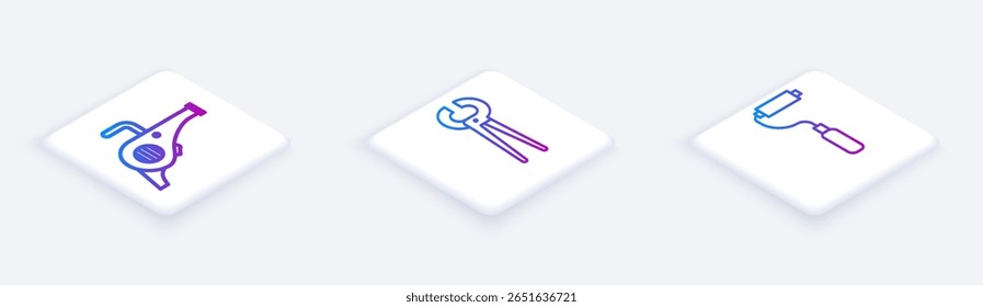 Set Isometric line Leaf garden blower, Pincers and pliers and Paint roller brush. White square button. Vector