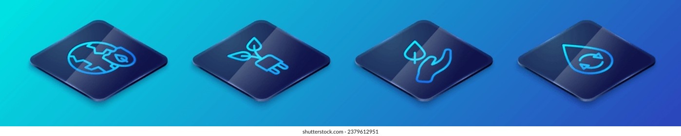 Set Isometric line Leaf in hand, Earth with shield, Recycle clean aqua and Electric saving plug leaf icon. Vector