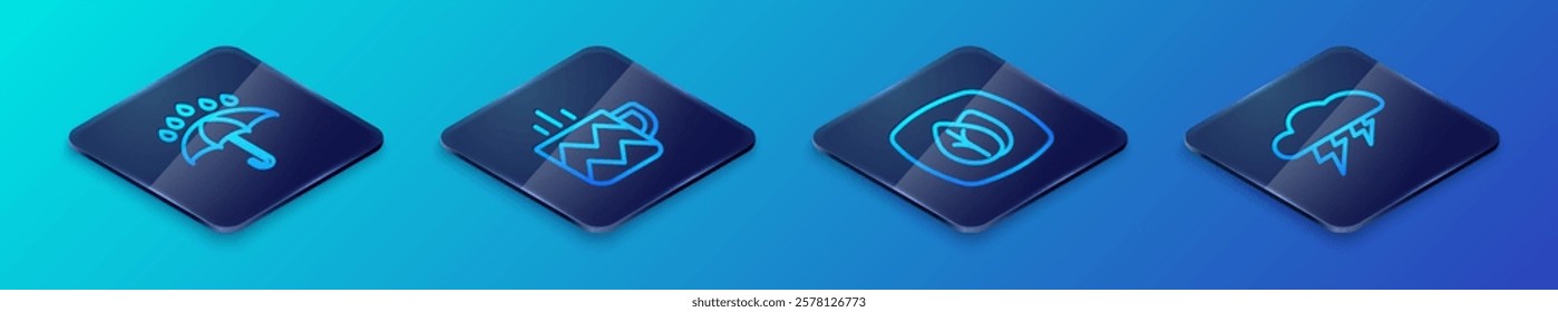 Set Isometric line Leaf, Umbrella and rain drops, Cloud lightning and Cup of tea icon. Vector