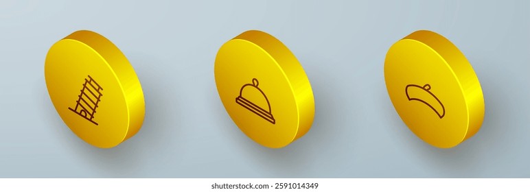 Set Isometric line Leaning tower in Pisa, Covered with tray of food and French beret icon. Vector