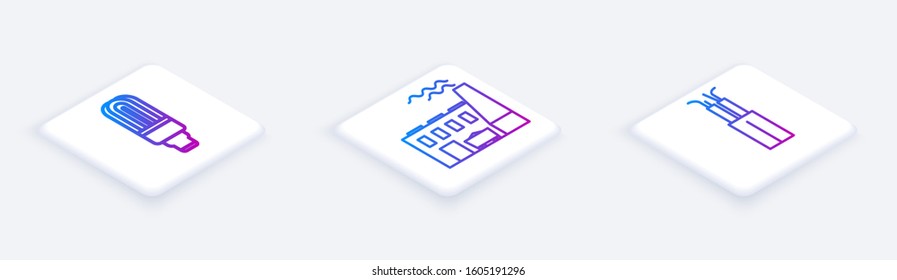 Set Isometric line LED light bulb, Coal power plant and factory and Electric cable. White square button. Vector