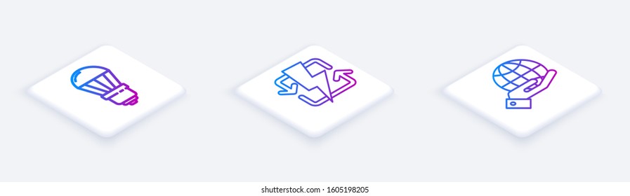 Set Isometric line LED light bulb, Recharging and Human hands holding Earth globe. White square button. Vector