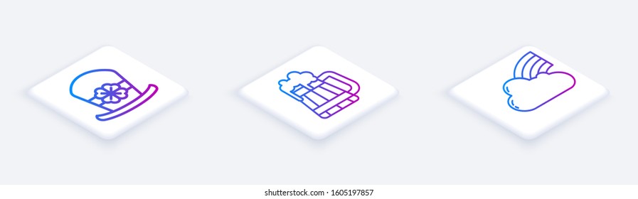 Set Isometric line Leprechaun hat and four leaf clover, Wooden beer mug and Rainbow with cloud. White square button. Vector