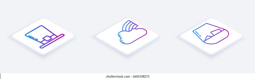 Set Isometric line Leprechaun hat, Rainbow with cloud and Glass of whiskey. White square button. Vector