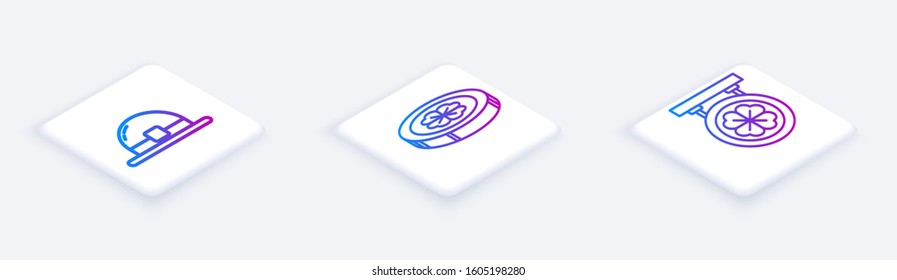 Set Isometric line Leprechaun hat, Gold coin with four leaf clover and Street signboard with four leaf clover. White square button. Vector