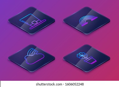 Set Isometric line Leprechaun hat, Rainbow with cloud, Rainbow and Four leaf clover in pot. Blue square button. Vector