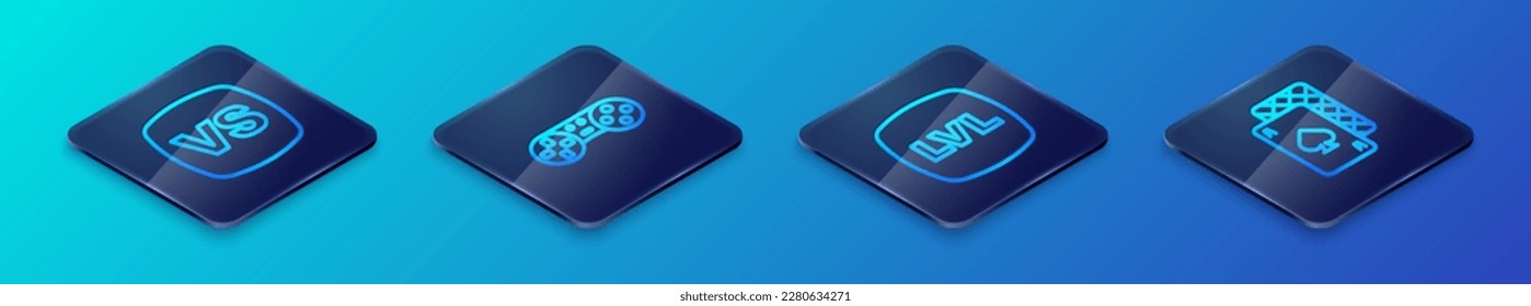 Set Isometric line Level game, VS Versus battle, Playing cards and Game controller or joystick icon. Vector