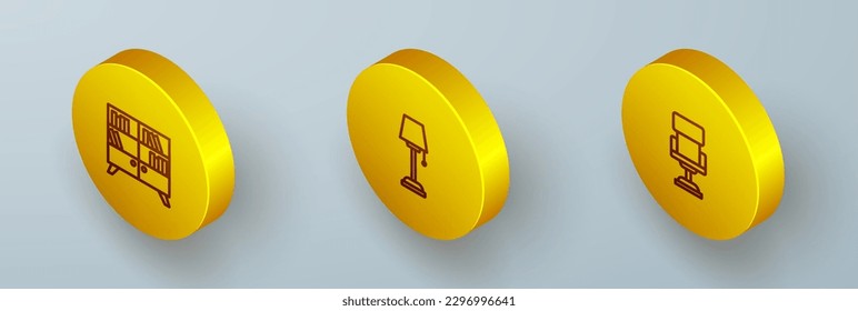 Isometrisches Bibliotheksregal, Bodenlampe und Bürostuhl-Symbol festlegen. Vektorgrafik