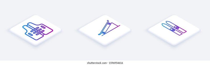 Set Isometric line Life jacket, Skateboard on street ramp and Ski and sticks. White square button. Vector