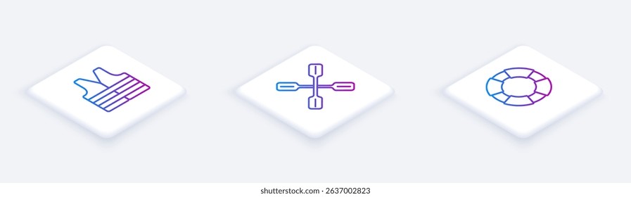 Set Isometric line Life jacket, Paddle and Lifebuoy. White square button. Vector