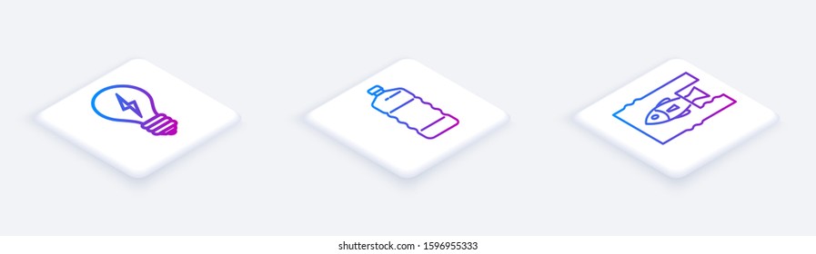 Set Isometric line Light bulb with lightning symbol, Plastic bottle and Stop ocean plastic pollution. White square button. Vector