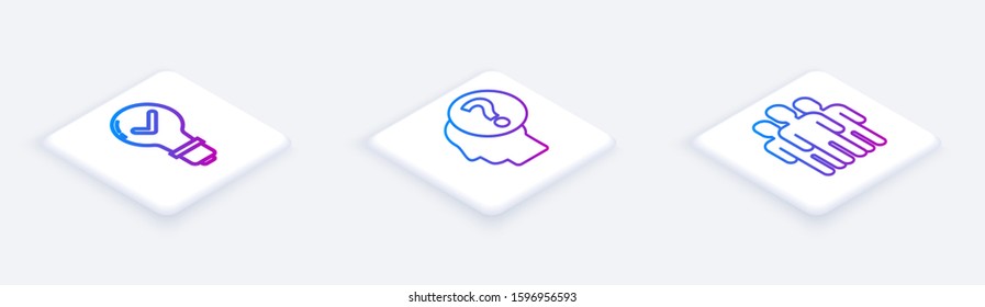 Set Isometric line Light bulb and check mark, Human head with question mark and Users group. White square button. Vector