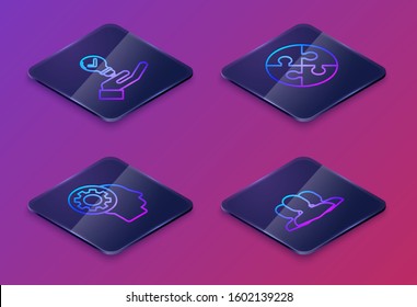 Set Isometric line Light bulb in hand, Human head with gear inside, Piece of puzzle and Users group. Blue square button. Vector