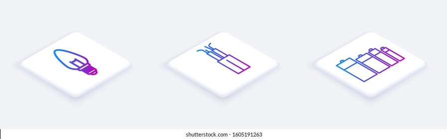 Set Isometric line Light bulb, Electric cable and Battery. White square button. Vector