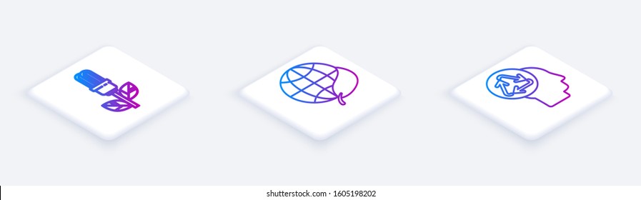 Set Isometric line Light bulb with leaf, Earth globe and leaf and Human head with recycle. White square button. Vector