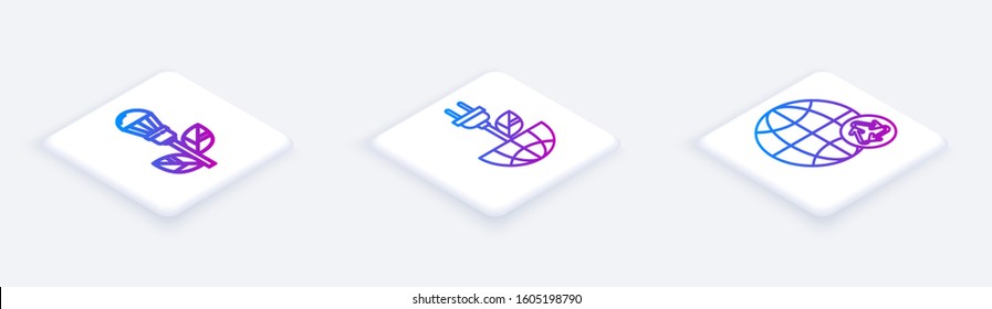 Set Isometric line Light bulb with leaf, Electric saving plug in leaf and Planet earth and a recycling. White square button. Vector