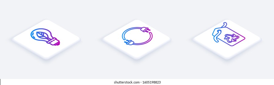 Set Isometric line Light bulb with leaf, Electric plug and Tag with recycle symbol. White square button. Vector