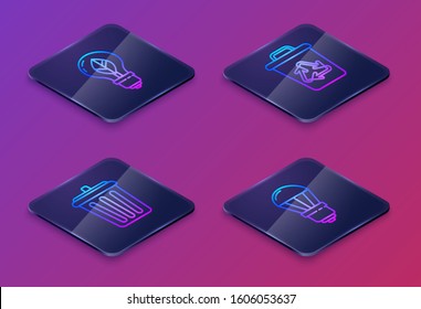 Set Isometric line Light bulb with leaf, Trash can, Recycle bin with recycle symbol and LED light bulb. Blue square button. Vector