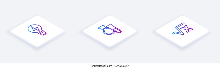 Set Isometric line Light bulb with lightning, Test tube and flask and Square root of x glyph. White square button. Vector