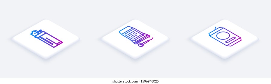 Set Isometric line Lighter , Karaoke  and Beer can . White square button. Vector