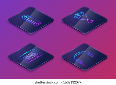 Set Isometric line Lighter , Retro audio cassette tape , Bouquet of flowers  and Headphones . Blue square button. Vector