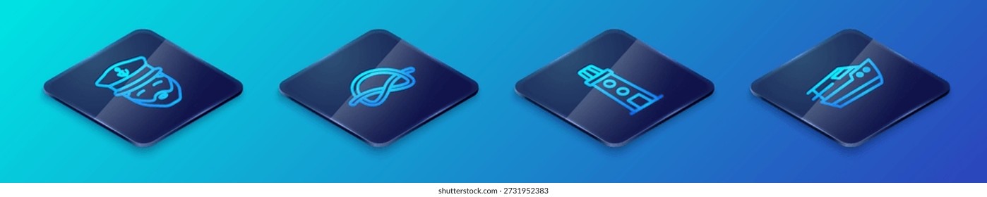 Set Isometric line Lighthouse, Captain of ship, Speedboat and Nautical rope knots icon. Vector