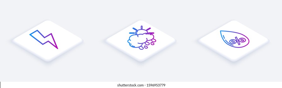 Set Isometric line Lightning bolt, Cloud with rain and sun and Water drop percentage. White square button. Vector