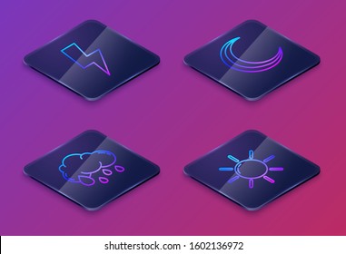 Set Isometric line Lightning bolt, Cloud with rain, Moon and stars and Sun. Blue square button. Vector