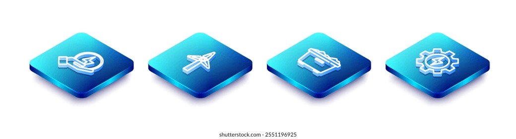 Set Isometric line Lightning bolt, Wind turbine, Trash can and Gear and lightning icon. Vector