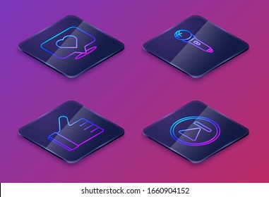 Fije la línea isométrica como y el corazón, como la mano, Micrófono y Rápido hacia adelante. Botón cuadrado azul. Vector