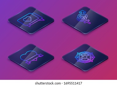 Fije la línea isométrica como y corazón, corazón y cinta, género y corazón en el centro de los dardos objetivo objetivo. Botón cuadrado azul. Vector