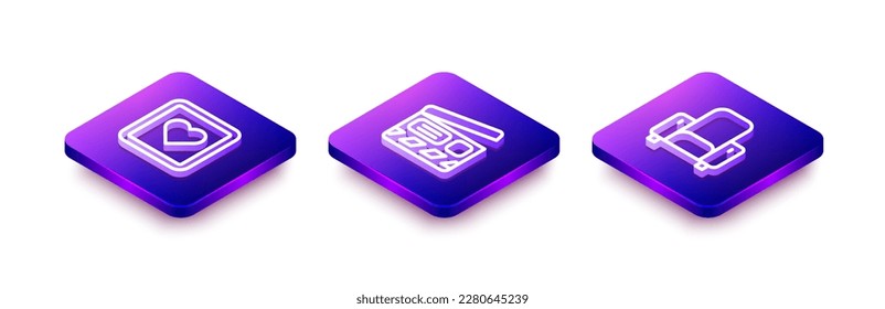 Establece la línea isométrica Como el corazón, el icono de la silla de cine y el de la silla de cine. Vector