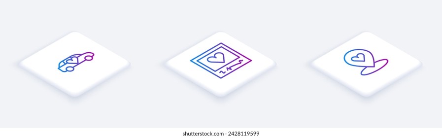 Set Isometric line Limousine car, Photo frames and hearts and Location with. White square button. Vector