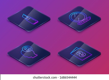 Set Isometric line Lipstick, 8 March in human head, Makeup powder with mirror and Greeting card with 8 March. Blue square button. Vector