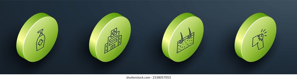 Set Isometric line Liquid antibacterial soap, Medical hospital building, Hair covering skin and Joint pain, knee pain icon. Vector