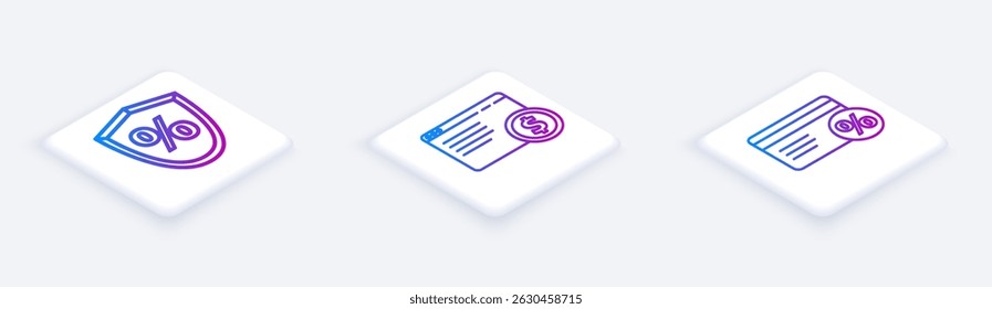 Set Isometric line Loan percent, Online shopping on screen and Discount card with percent. White square button. Vector