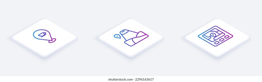 Set Isometric line Location with coffee cup, mountain and Gps device map. White square button. Vector