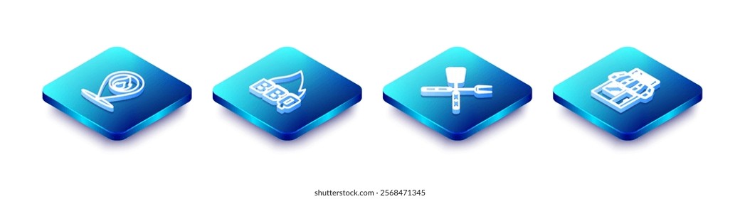 Set Isometric line Location with fire flame, Barbecue, Crossed fork and spatula and shopping building icon. Vector