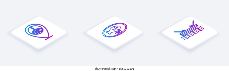 Set Isometric line Location fishing, Fish trophy hanging on the board and Fishing boat with fishing rod on water. White square button. Vector